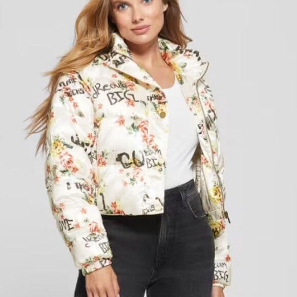 NWT GUESS x Brandalised Wilde Floral Graffiti Puffer Vest Convertible Jacket - Picture 2 of 15